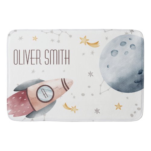 Cute Outer Space Starry Planets Monogram Kids Bath Mat