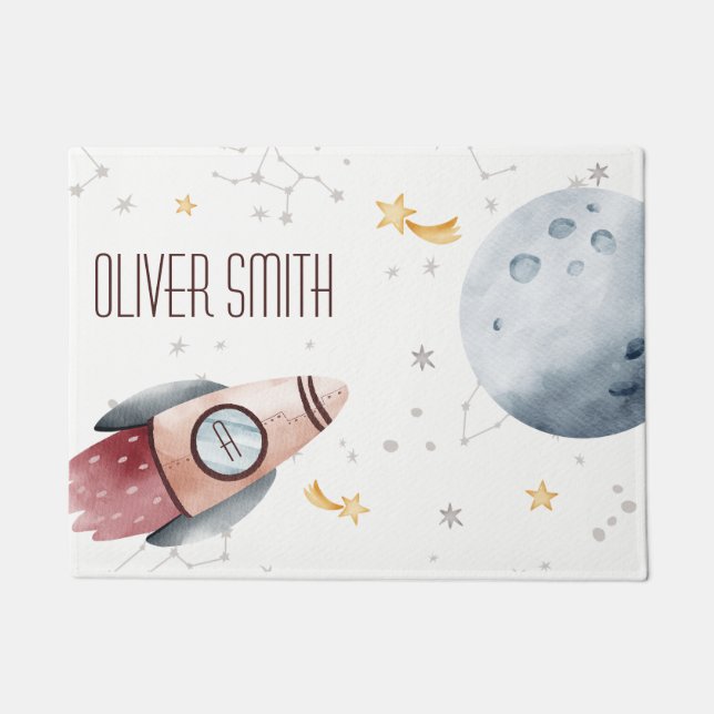 Cute Outer Space Starry Planets Monogram Kids Doormat (Front)