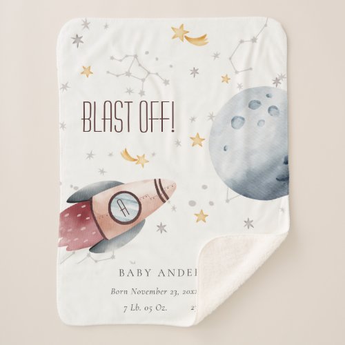 Cute Outer Space Starry Planets Rocket Birth Stat Sherpa Blanket