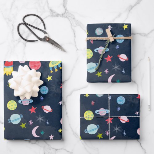 Cute Outer Space UFO Planets Moons Watercolor Gift Wrapping Paper Sheets