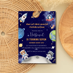 Cute outer space woodland animals birthday invitation
