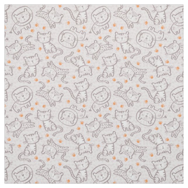 Cute Outline Jungle Animals with orange footprints Fabric (Swatch)
