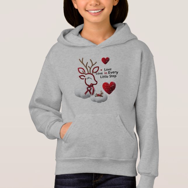 Cute Outline Reindeer Love Hearts Girls' Pullover  (Front)