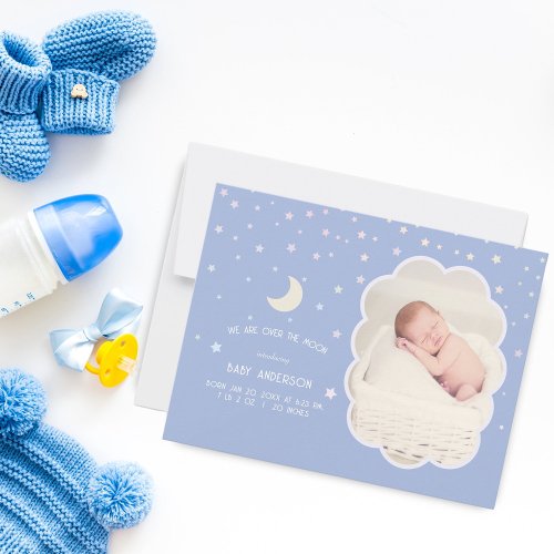 Cute Over The Moon and Stars Baby Photo Birth Announcement