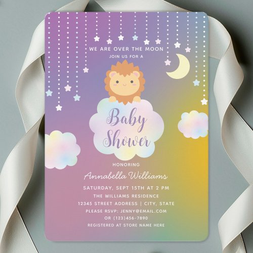 Cute Over the Moon and Stars Lion Cub Baby Shower Invitation
