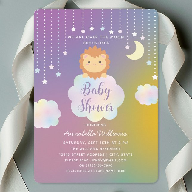 Cute Over the Moon and Stars Lion Cub Baby Shower Invitation (Creator Uploaded)