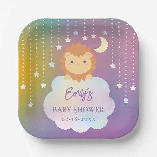 Cute Over the Moon and Stars Lion Cub Baby Shower Paper Plates