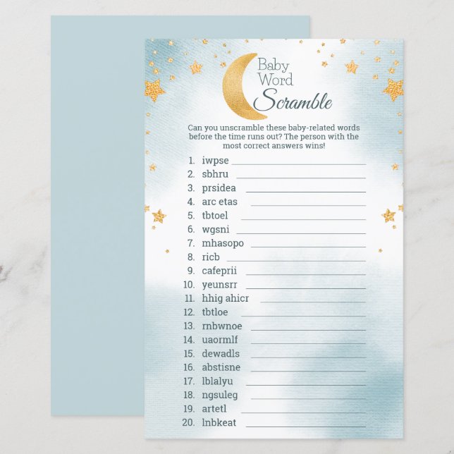 Cute Over the Moon Baby Shower Word Scramble Game (Front/Back)