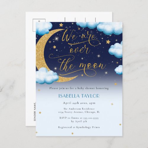 Cute Over the Moon Blue Boy Baby Shower Invitation Postcard