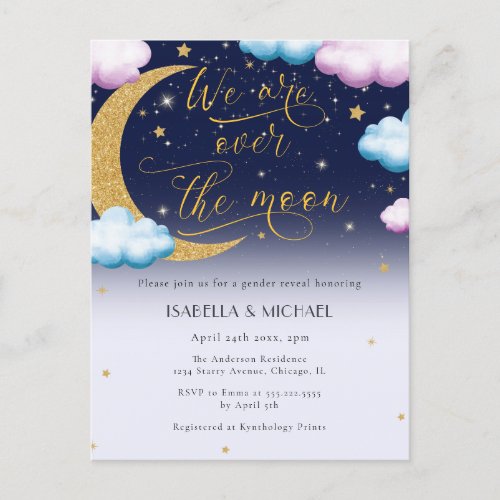Cute Over the Moon Gender Reveal Party Invitation Postcard