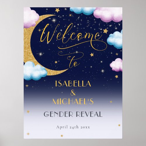 Cute Over the Moon Gender Reveal Party Welcome Poster