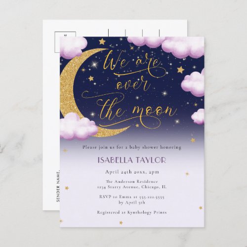 Cute Over the Moon Girl Baby Shower Invitation Postcard