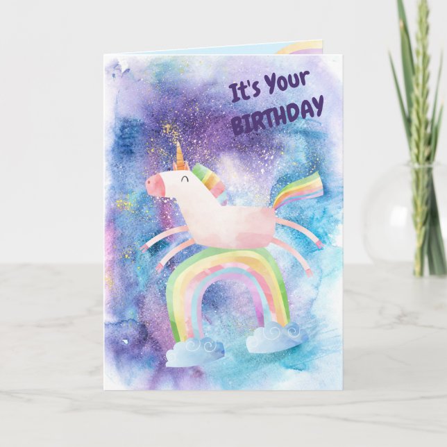 Cute Over the Rainbow Unicorn Birthday Card (Front)