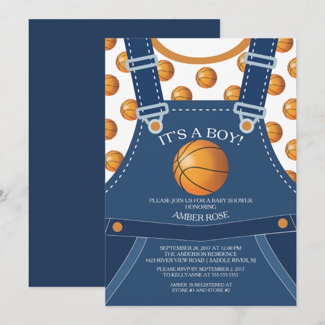 Cute Overalls BASKETBALL Baby Shower Invitation (Front/Back)
