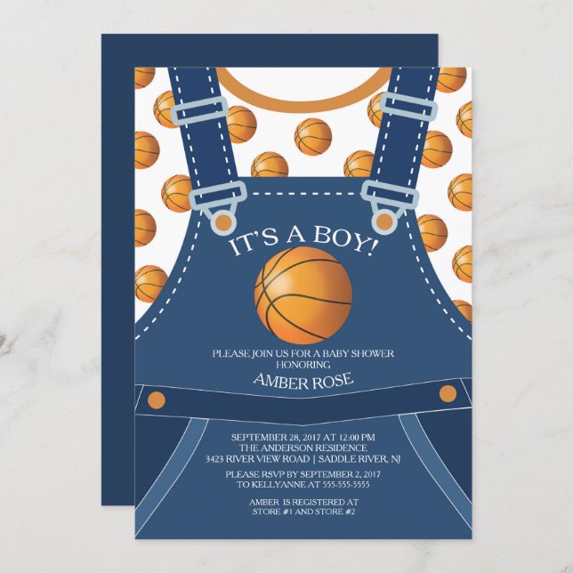 Cute Overalls BASKETBALL Baby Shower Invitation (Front/Back)