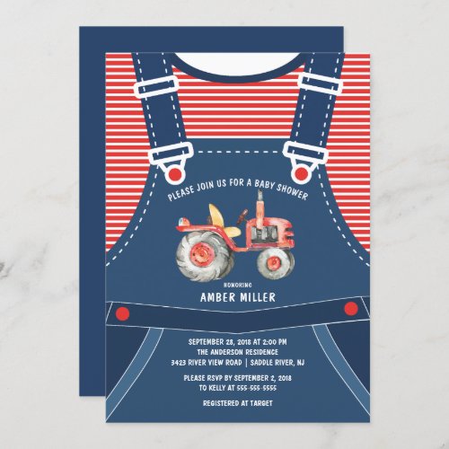 Cute Overalls Farm Tractor Baby Shower Invitation