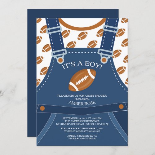 Cute Overalls FOOTBALL Baby Shower Invitation