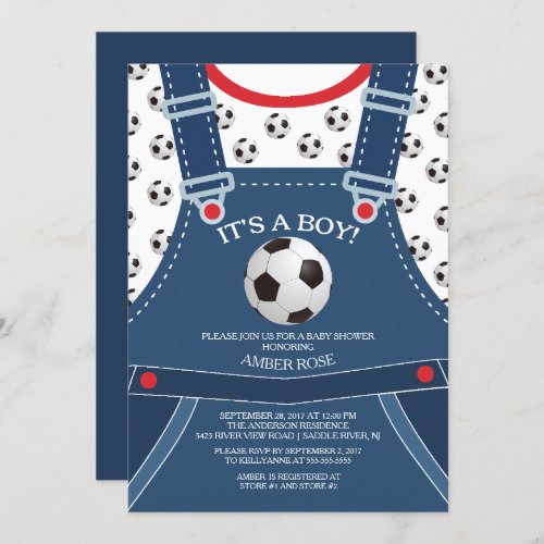 Cute Overalls SOCCER Ball Baby Shower Invitation