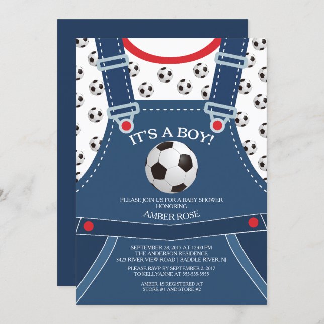 Cute Overalls SOCCER Ball Baby Shower Invitation (Front/Back)