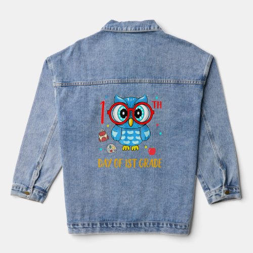 Cute Owl 100th Day Of 1st Grade Funny 100 Days Sma Denim Jacket