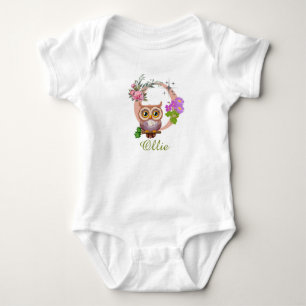 Cute Owl Alphabet Lettter O Floral Baby Bodysuit