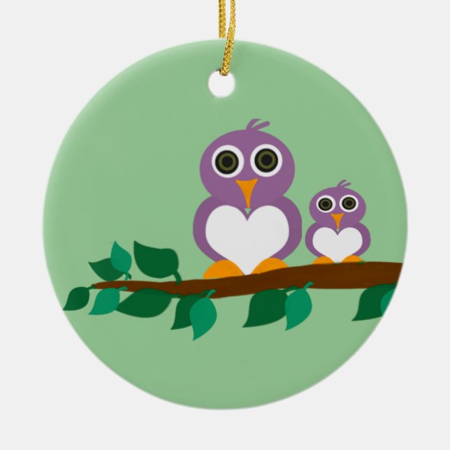 Cute owl and baby on tree ceramic ornament (Front)