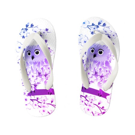 Cute Owl And Cherry Blossom Pink Purple Kid's Flip Flops