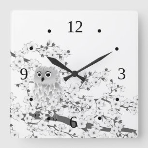 Cute Owl And Cherry Blossoms Black And White Square Wall Clock