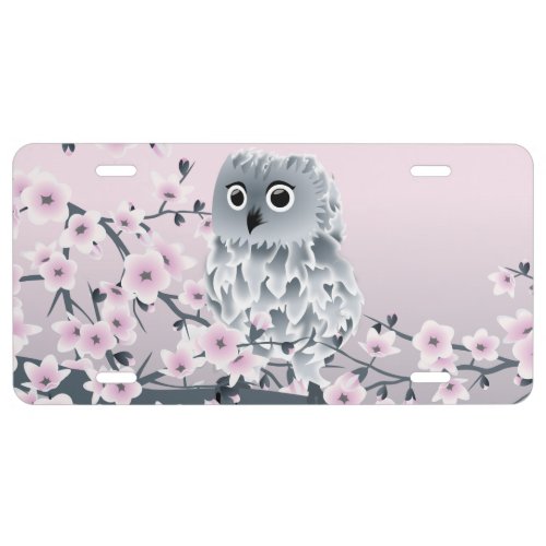 Cute Owl and Cherry Blossoms License Plate