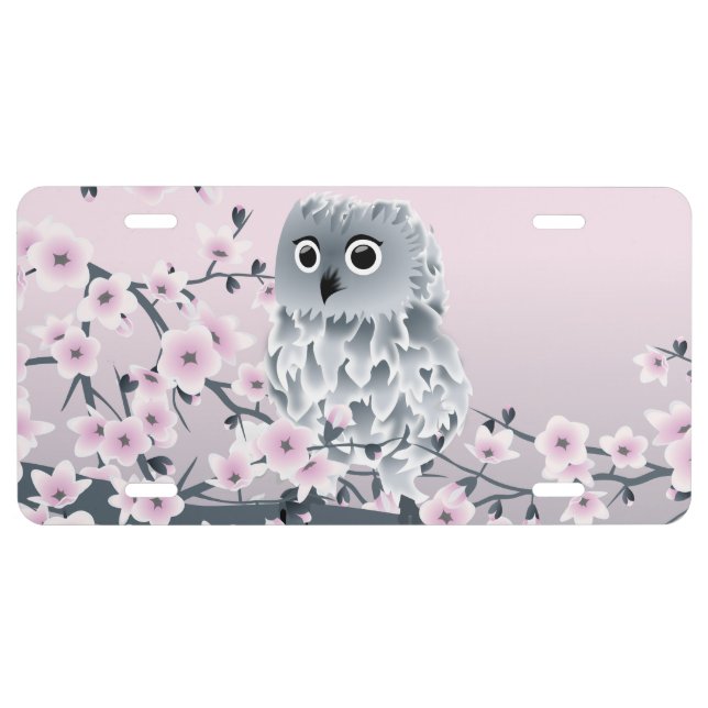 Cute Owl and Cherry Blossoms License Plate (Front)