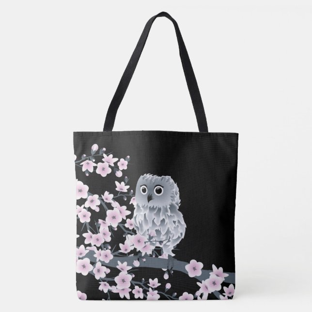 Cute Owl And Cherry Blossoms Pink Black Tote Bag (Front)