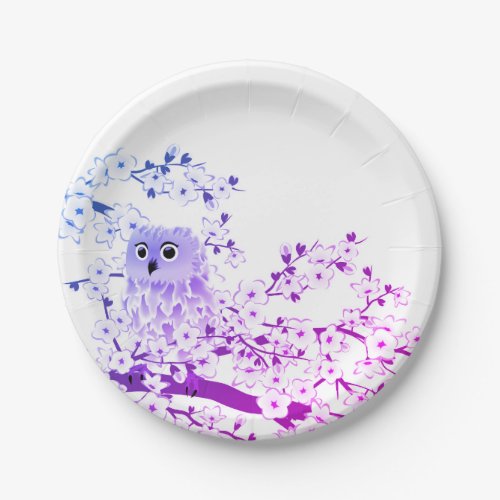 Cute Owl And Cherry Blossoms Purple Paper Plates