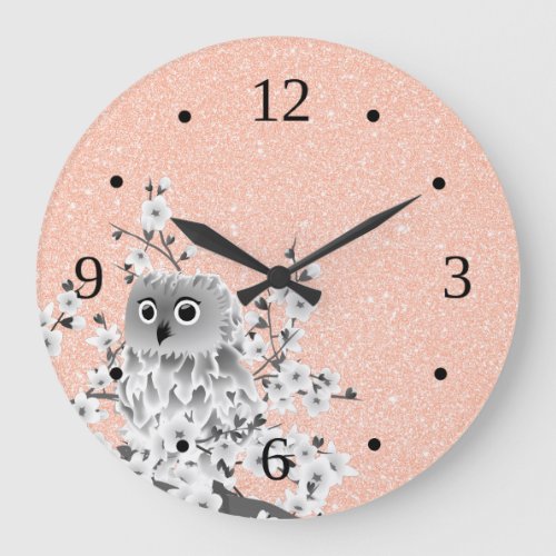 Cute Owl and Cherry Blossoms Rose Gold Large Clock