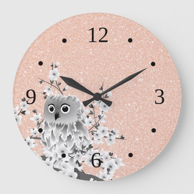 Cute Owl and Cherry Blossoms Rose Gold Large Clock (Front)