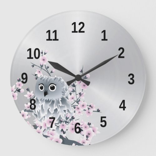 Cute Owl and Cherry Blossoms Silver Large Clock