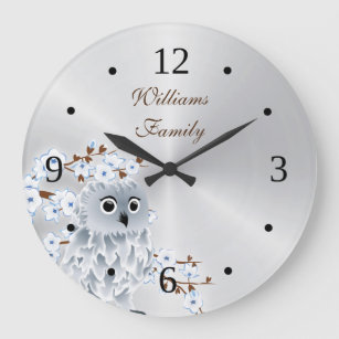 Cute Owl and Cherry Blossoms Silver Monogram Large Clock