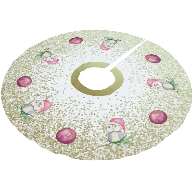 Cute Owl And Christmas Balls With Glitter Gold Brushed Polyester Tree Skirt (Angled)