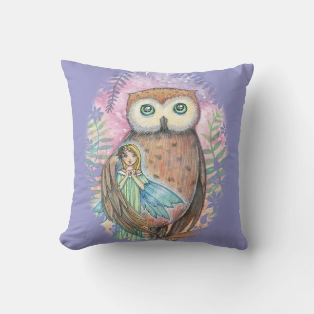 Cute Owl and Faerie Throw Pillow (Front)