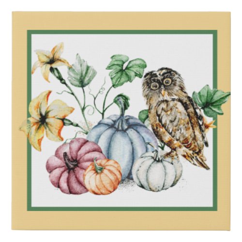 Cute Owl and fall pumpkins  Faux Canvas Print