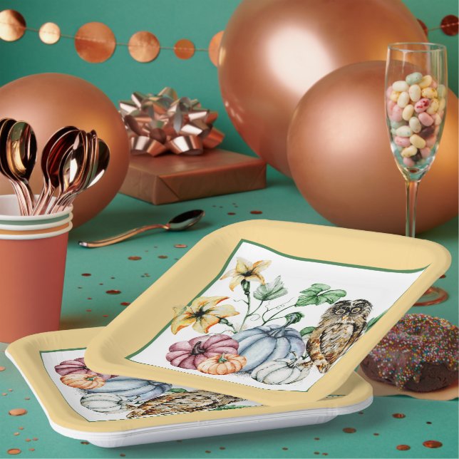 Cute Owl and fall pumpkins Paper Plates (Multi)