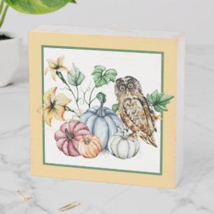 Cute Owl and fall pumpkins Wooden Box Sign
