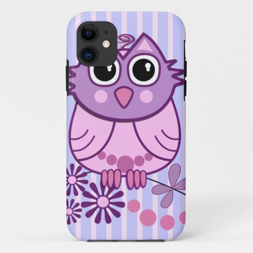 Cute Owl and flowers on striped background iPhone 11 Case