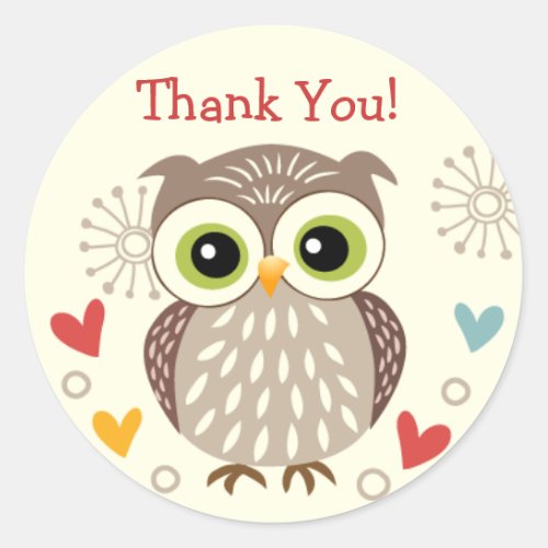 Cute Owl and Hearts Thank you Stickers