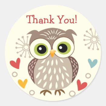 Cute Owl And Hearts Thank You Stickers by kazashiya at Zazzle