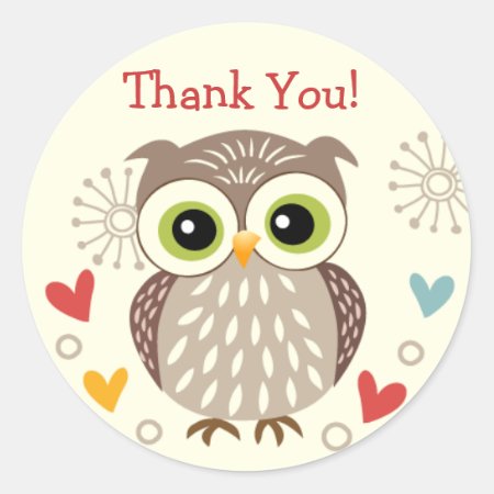 Cute Owl And Hearts Thank You Stickers