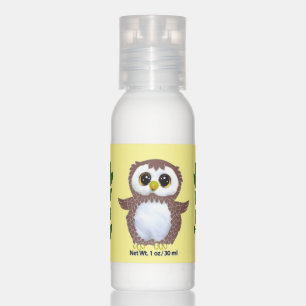 Cute owl and laurel leaves on light yellow hand lotion