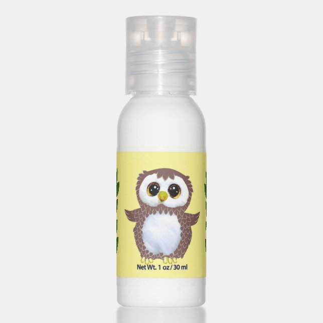 Cute owl and laurel leaves on light yellow hand lotion (Front)