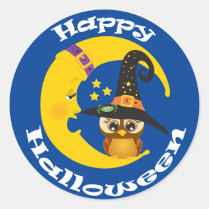 Cute Owl and Moon Halloween Classic Round Sticker