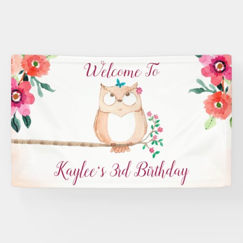 Cute Owl and Pink Floral Birthday Banner