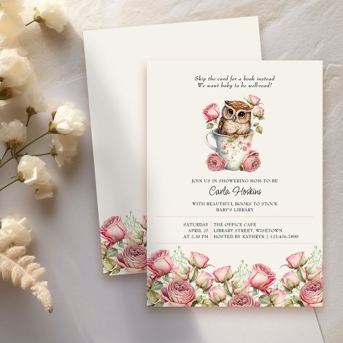 Cute Owl and Roses Books for Baby Shower Invitation